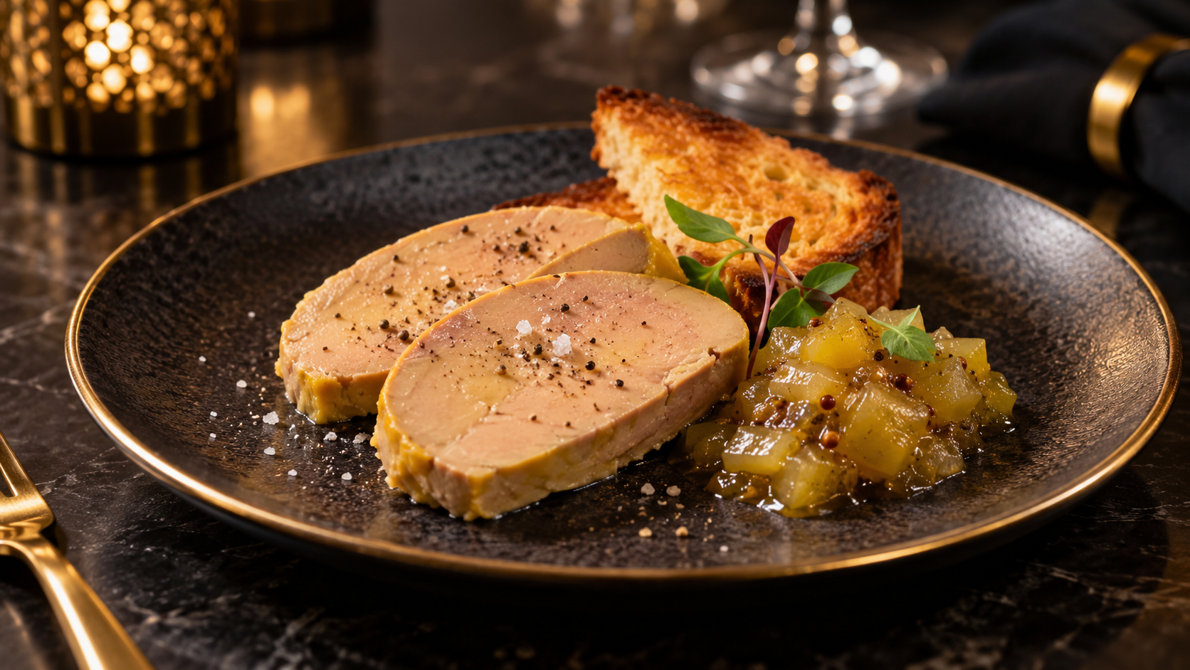 Deux tranches de mi-cuit de foie gras maison accompagnées de chutney de papaye verte maison