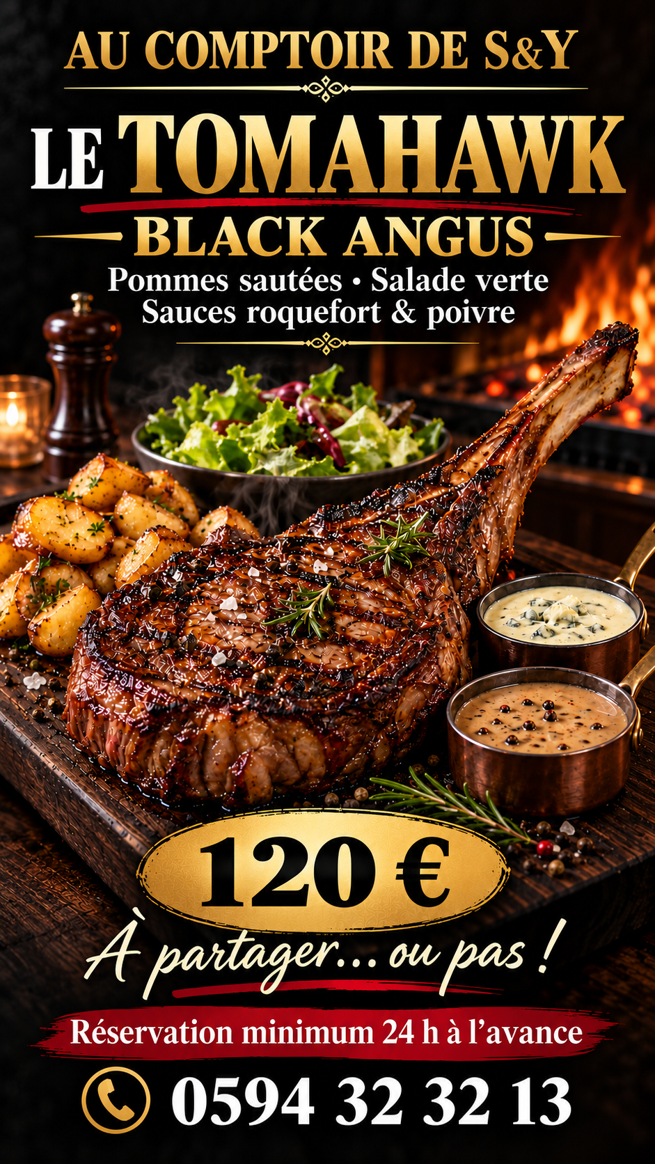 Tomahawk Black Angus, pommes sautées, salade verte et sauces maison